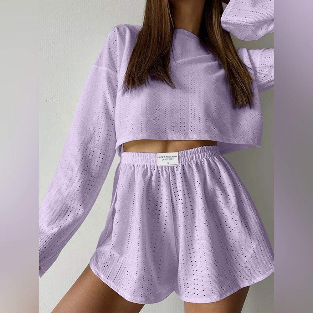 Eyelet Round Neck Top and Shorts Set